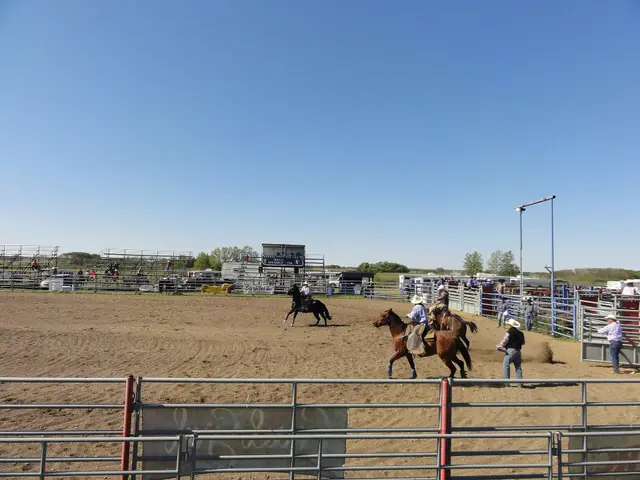 Rodeo arena with riders on horseback